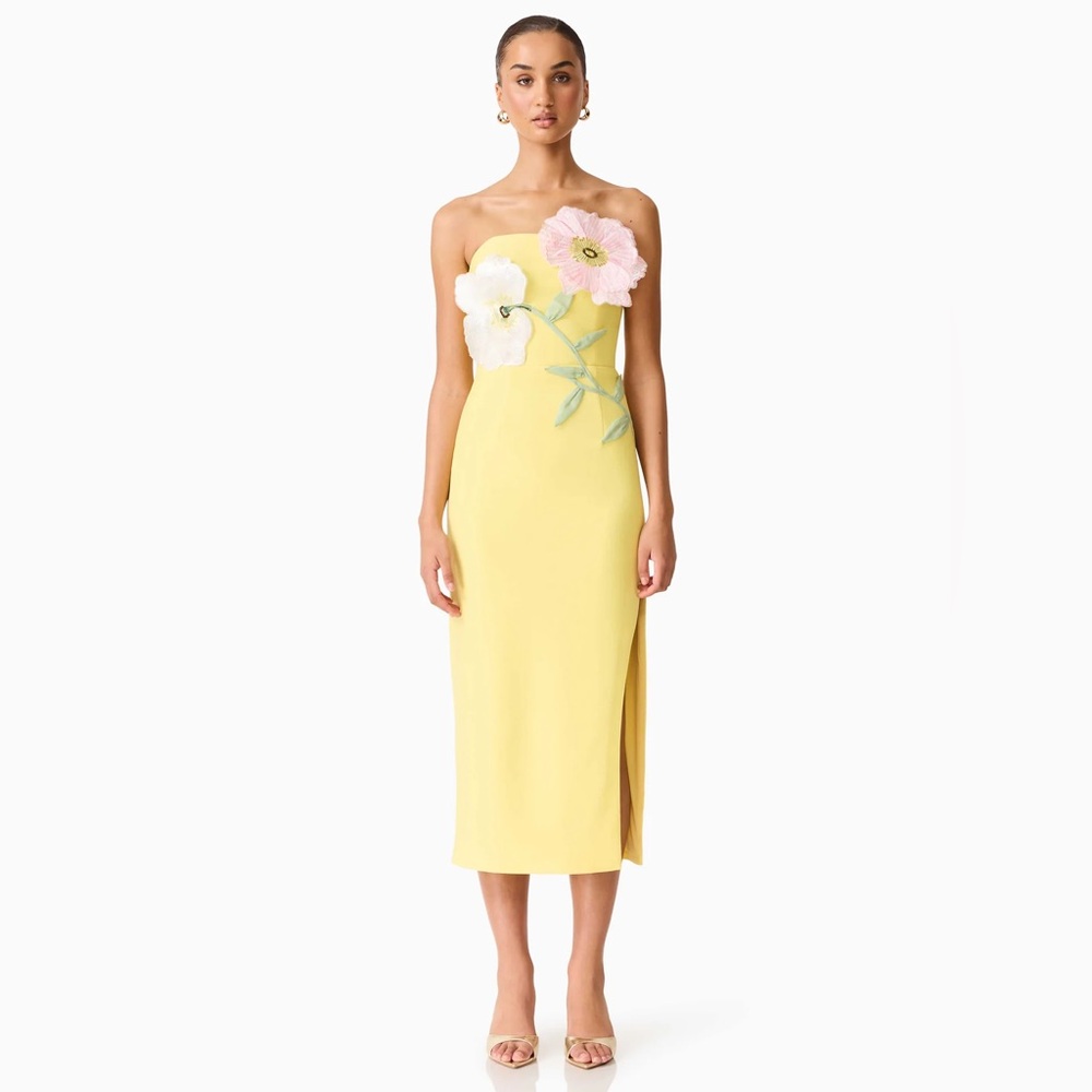 Elliatt Hope Strapless Midi Dress in Yellow with Floral Appliqué